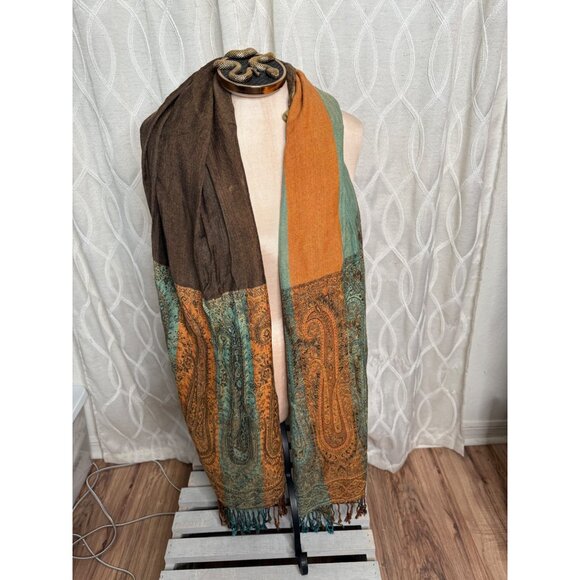 Multicolored Silk Cashmere Viscose Paisley Shawl Stole Wrap Scarf Fringe 28x80 - Picture 4 of 6